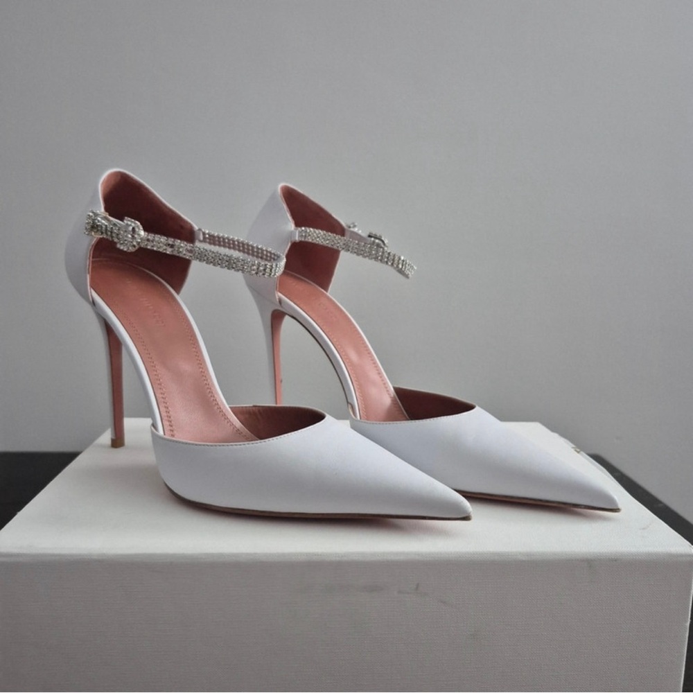 Amina Muaddi White and Pink Slingback Heels
